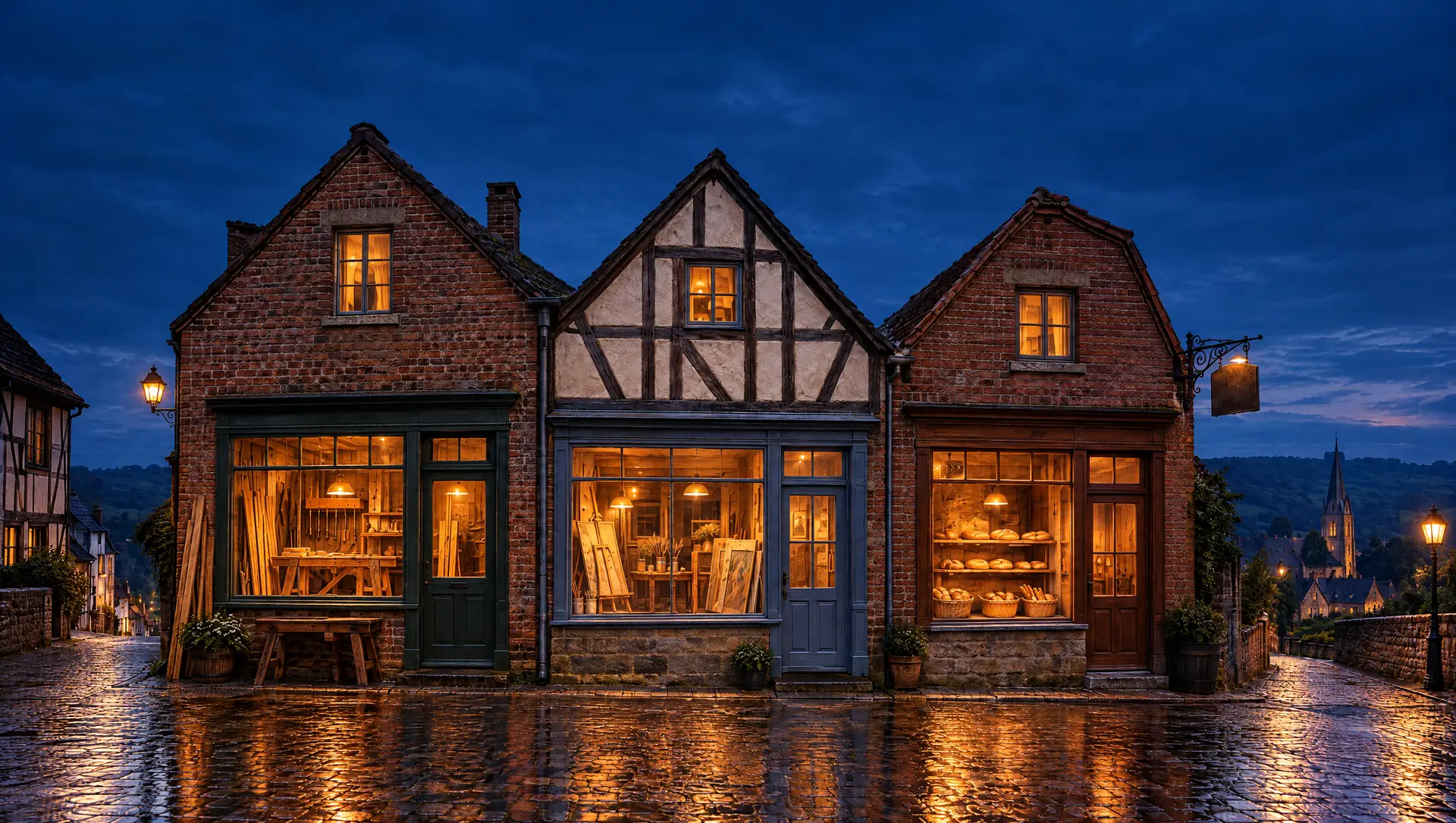 Avondbeeld van een Limburgse straat met verlichte werkplaatsen